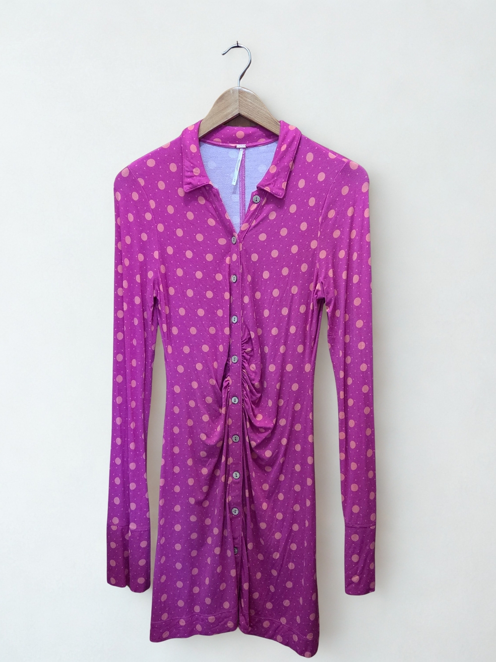 Free People Fuchsia And Pink Polka Dot Button-Front M Mini Dress
